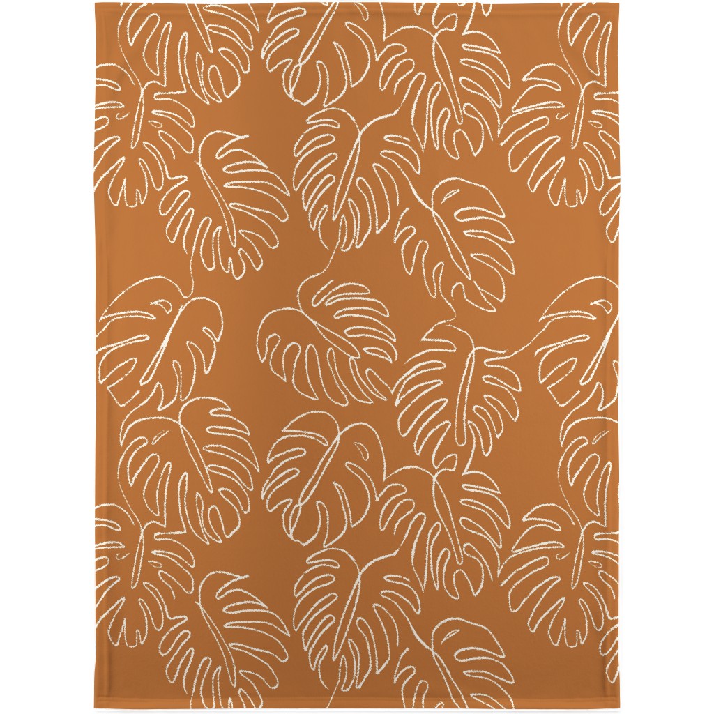 Monstera Line Art - Burnt Orange Blanket, Sherpa, 30x40, Orange