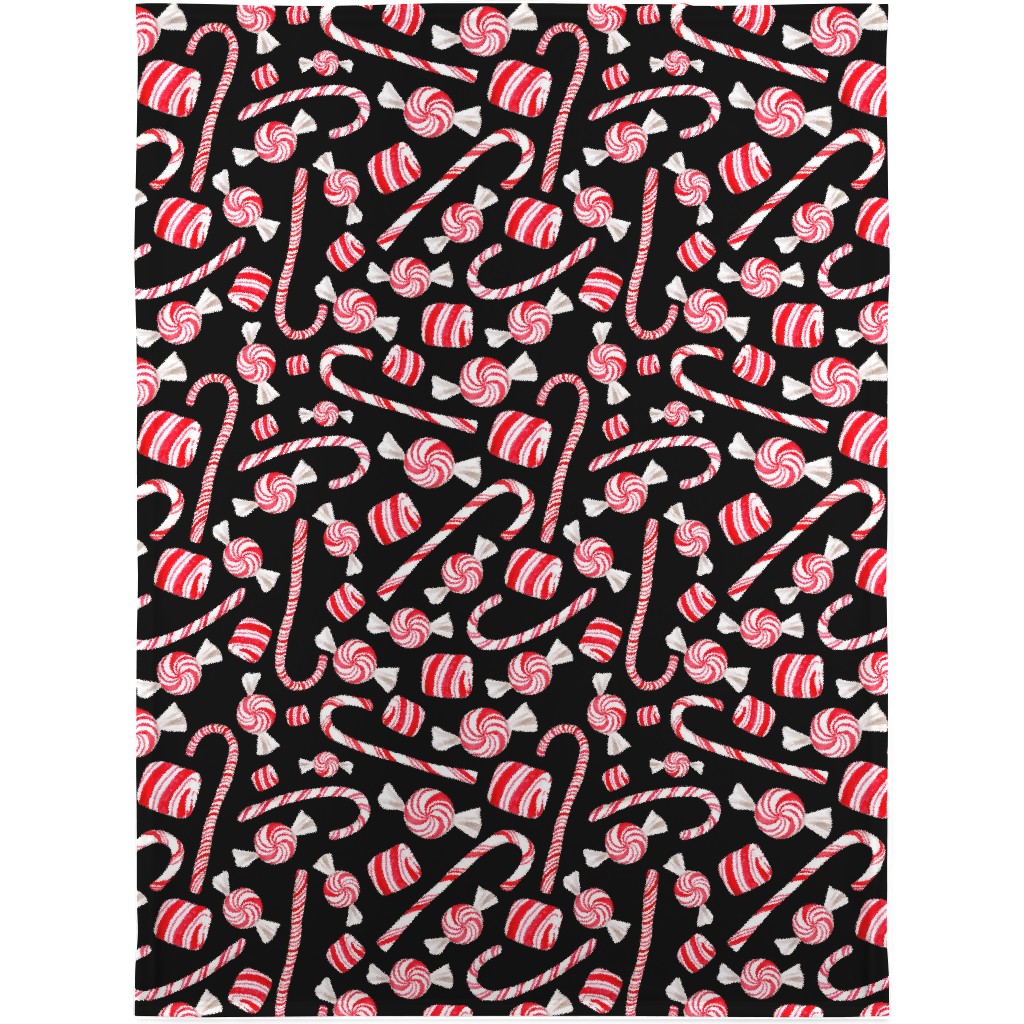 Christmas Candy Canes - Black Blanket, Sherpa, 30x40, Red, Red