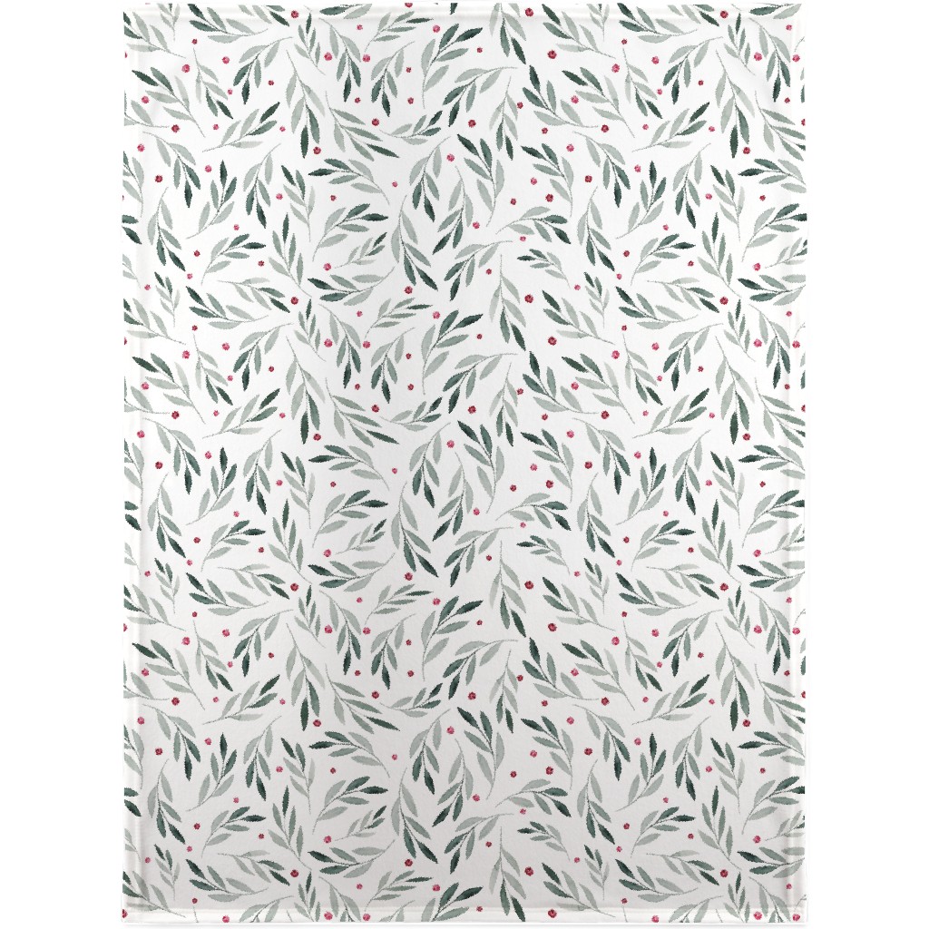 Festive Christmas Green Leaves & Red Berries Blanket, Sherpa, 30x40, White, White