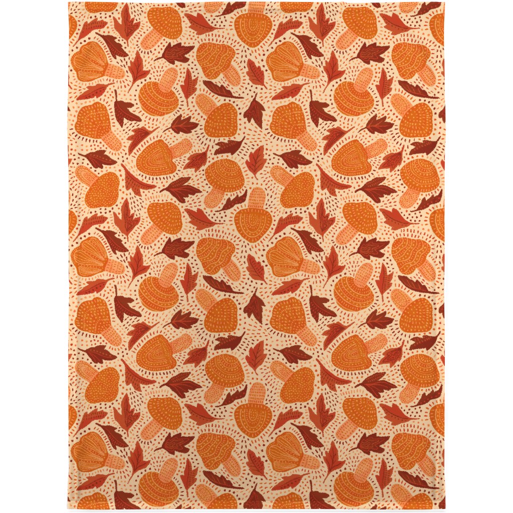 Autumn Mushrooms and Fallen Leaves Blanket, Sherpa, 30x40, Orange