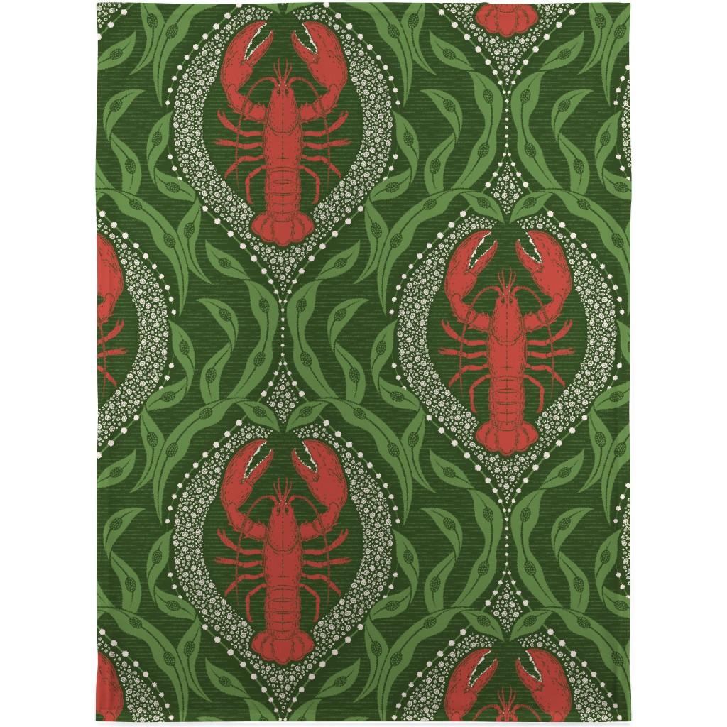 Lobster and Seaweed Nautical Damask Blanket, Sherpa, 30x40, Green, Leaf