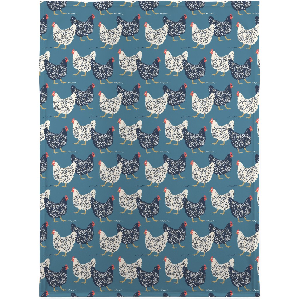 Farmhouse Chickens on Blue Blanket, Sherpa, 30x40, Blue, True Blue