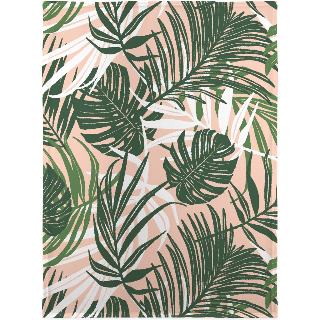 Hideaway Tropical Palm Leaves - Blush Pink Blanket, Sherpa, 30x40, Green