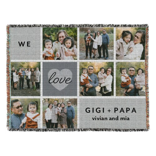 Grid Heart Love Script Woven Photo Blanket, 54x70, Gray, slate