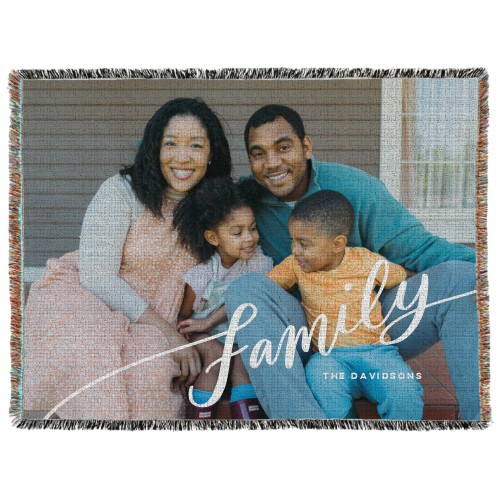 Tilted Family Script Woven Photo Blanket, 60x80, White