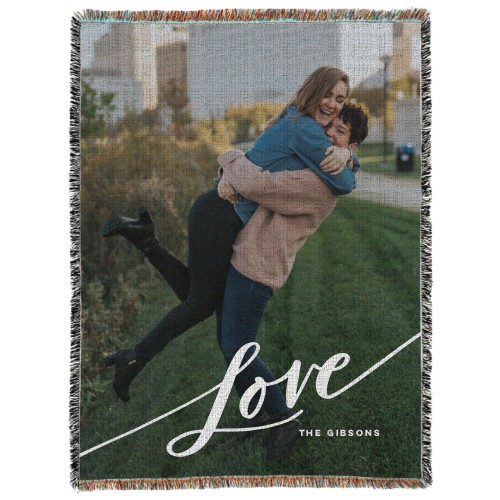 Tilted Love Script Portrait Woven Photo Blanket, 60x80, White