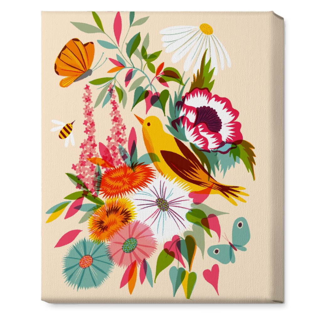 Florals With Pirol and Butterfly - Multi Wall Art, No Frame, Single piece, Canvas, 16x20, Multicolor