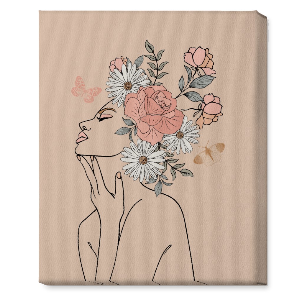 Feminine Line Art Botanical Sketch - Neutral Wall Art, No Frame, Single piece, Canvas, 16x20, Beige, Pearl