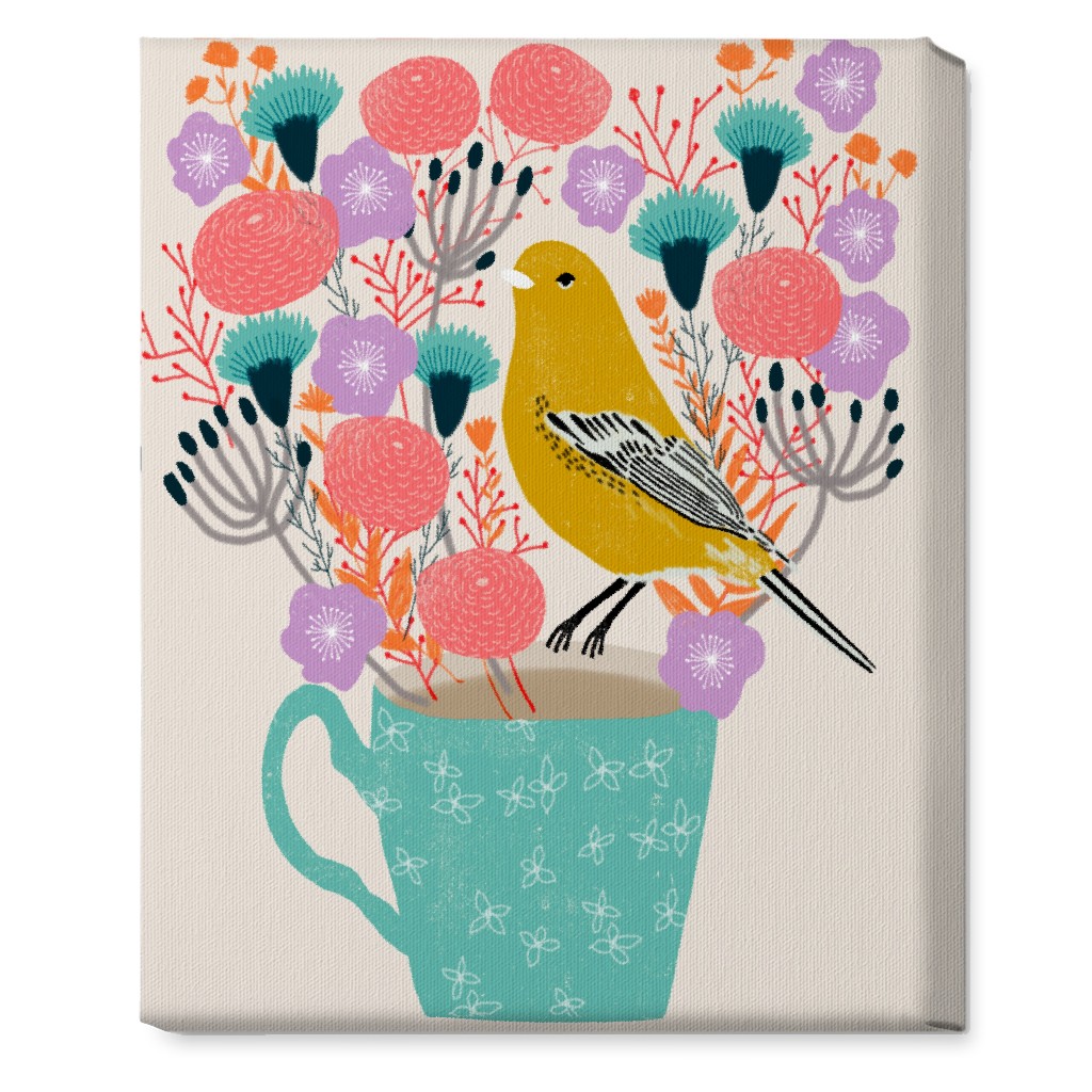 Yellow Bird on Teacup Bouquet Wall Art, No Frame, Single piece, Canvas, 16x20, Multicolor