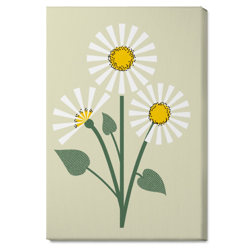 Abstract Daisy Flower - White on Beige Wall Art, No Frame, Single piece, Canvas, 20x30, Green