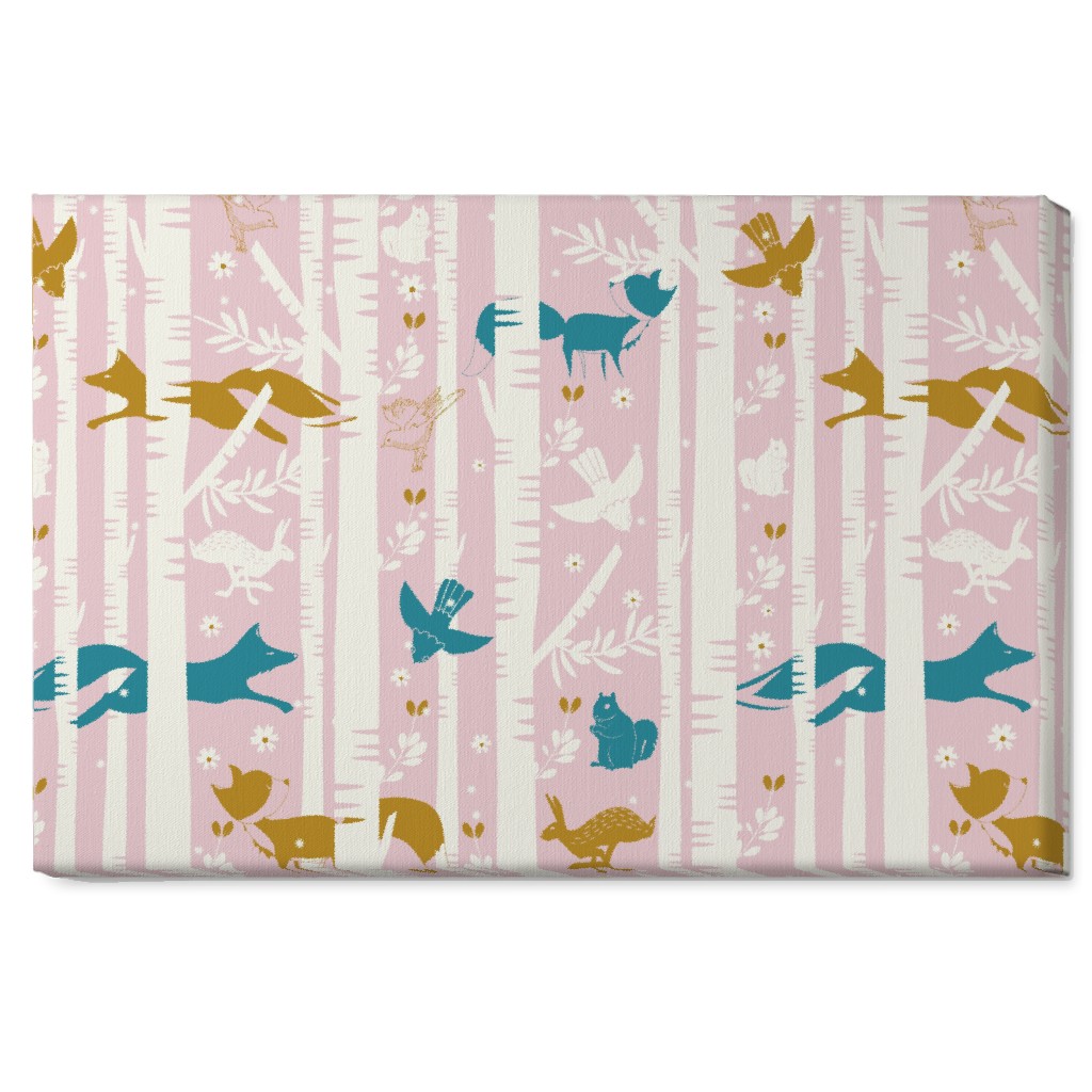 Birch Forest and Wild Animals Wall Art, No Frame, Single piece, Canvas, 20x30, Pink