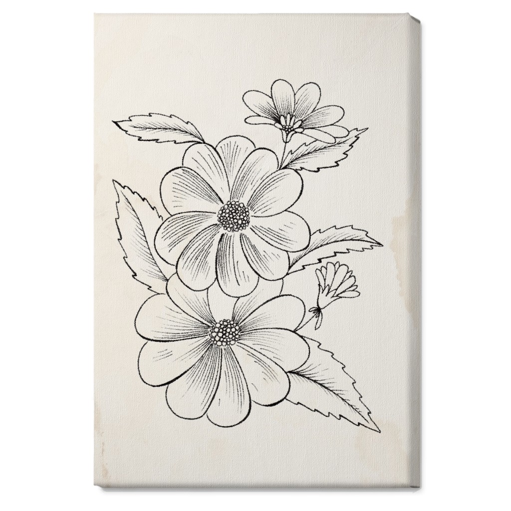 Vintage Flower Sketch - Beige and Black Wall Art, No Frame, Single piece, Canvas, 20x30, Beige, Pearl