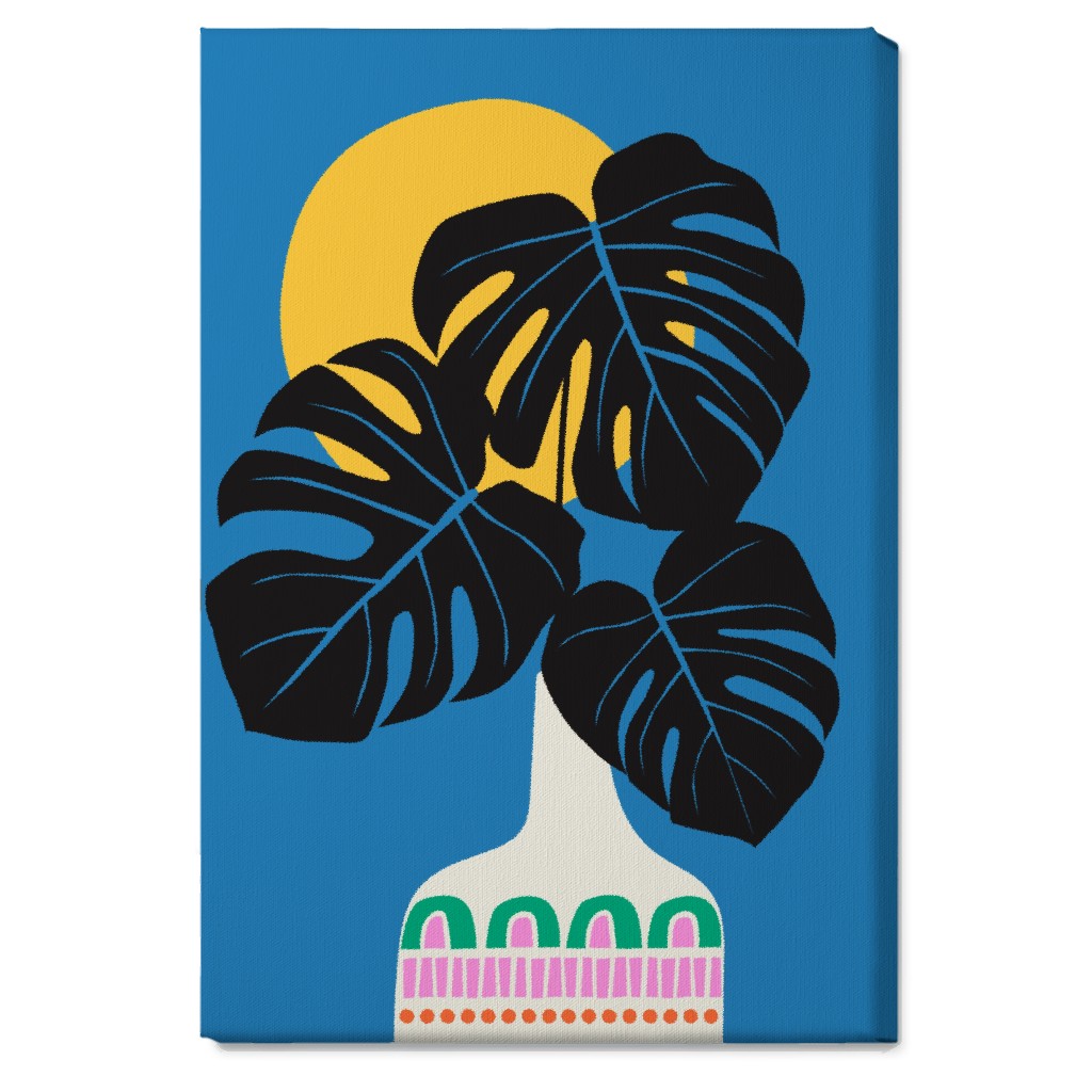 Monstera Leaves in a Vase - Blue Wall Art, No Frame, Single piece, Canvas, 20x30, Blue