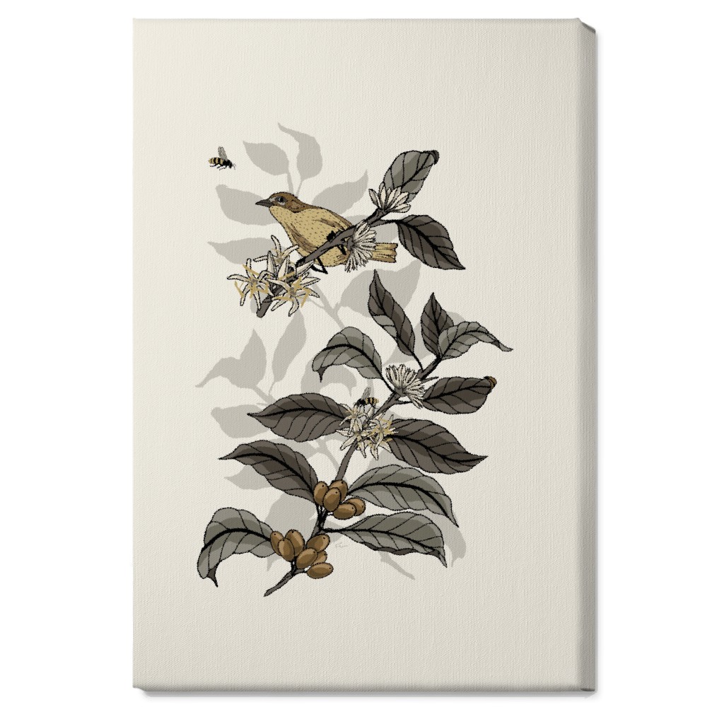Coffee Plant, Bird, and Bee - Neutral Wall Art, No Frame, Single piece, Canvas, 20x30, Beige
