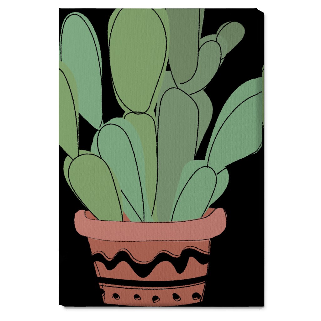 Potted Prickly Pear Cactus - Green and Black Wall Art, No Frame, Single piece, Canvas, 20x30, Green