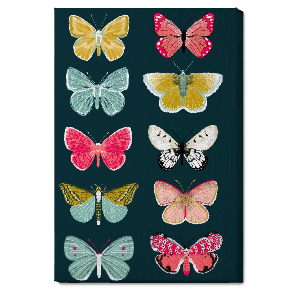 Butterflies Botanic Nature - Multi on Navy Wall Art, No Frame, Single piece, Canvas, 20x30, Multicolor