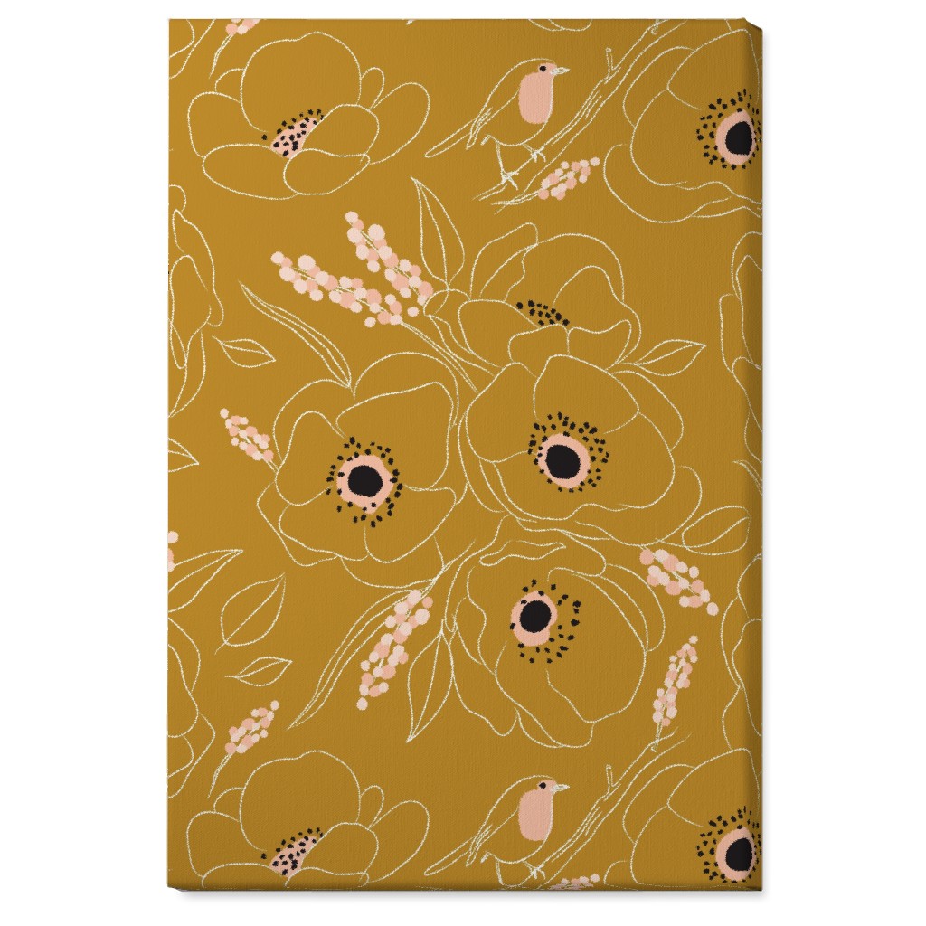 Freehand Robin & Winter Blooms - Gold Wall Art, No Frame, Single piece, Canvas, 24x36, Yellow, Classic Yellow