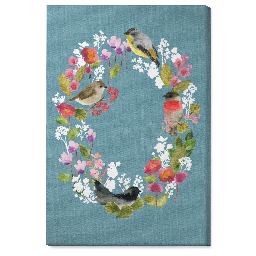 Winter Birds in the Garden Wreath - Blue Wall Art, No Frame, Single piece, Canvas, 24x36, Blue