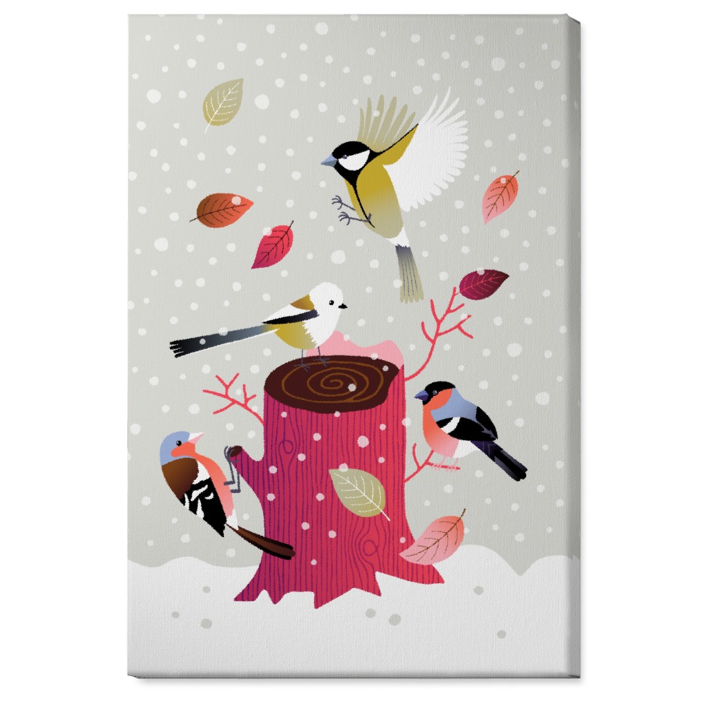 Winter Birds on Tree Stump - Red & Gray Wall Art, No Frame, Single piece, Canvas, 24x36, Multicolor