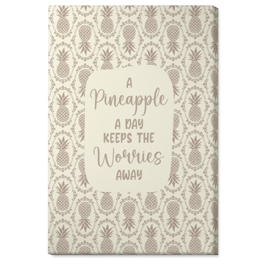 a Pineapple a Day Keeps the Worries Away Damask Wall Art, No Frame, Single piece, Canvas, 24x36, Beige