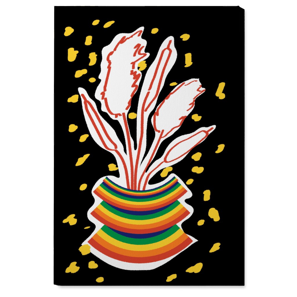 Retro Rainbow Abstract Floral in Vase - Multi on Black Wall Art, No Frame, Single piece, Canvas, 24x36, Multicolor
