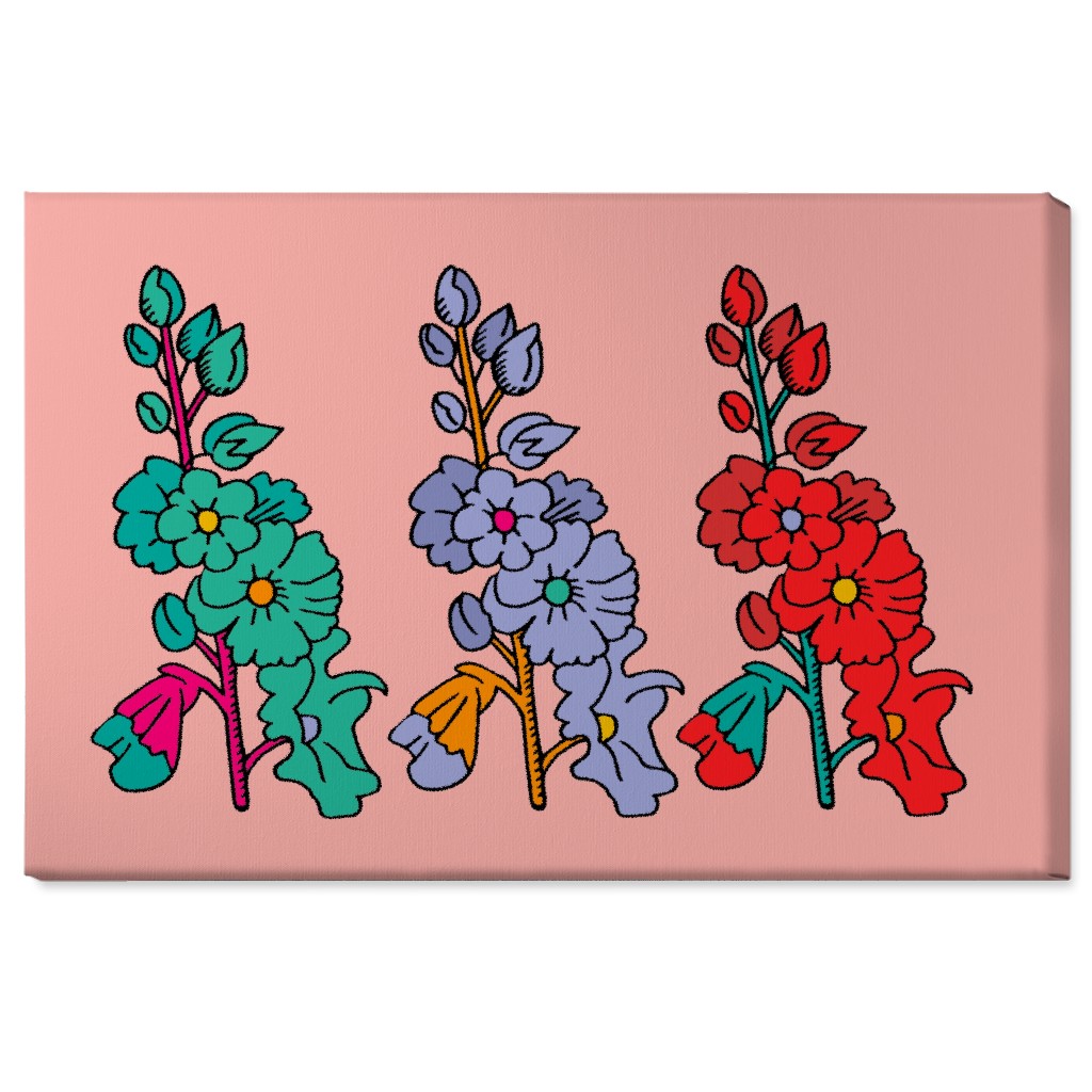 Row of Colorful Hollyhocks - Multi on Pink Wall Art, No Frame, Single piece, Canvas, 24x36, Multicolor