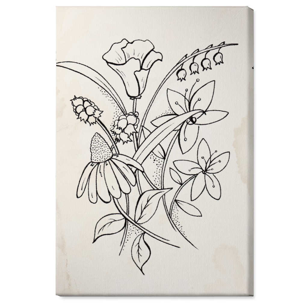 Vintage Wildflower Sketch - Beige and Black Wall Art, No Frame, Single piece, Canvas, 24x36, Beige