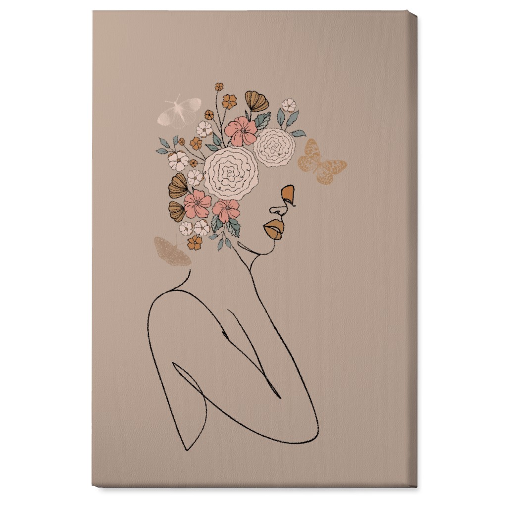 Botanical Feminine Sketch - Neutral Wall Art, No Frame, Single piece, Canvas, 24x36, Beige