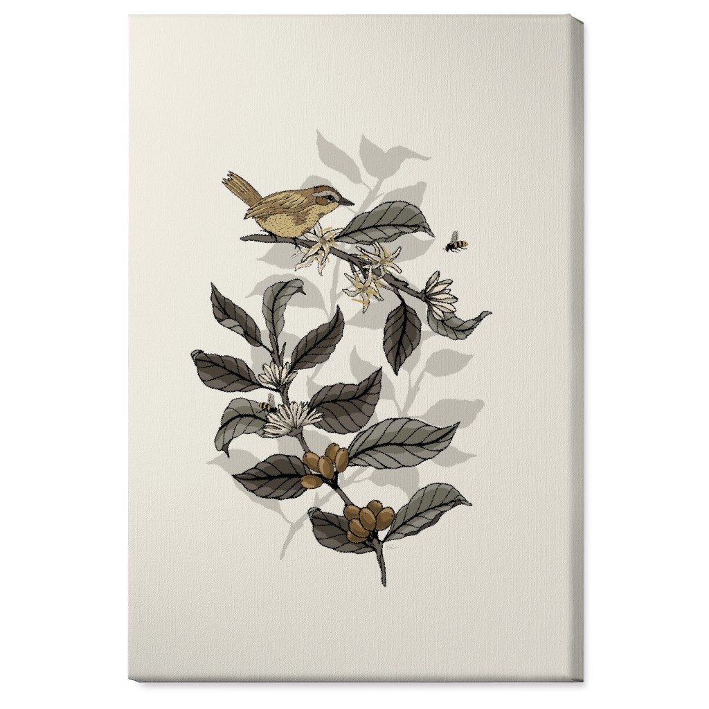 Bee, Bird and Coffee Plant - Neutral Wall Art, No Frame, Single piece, Canvas, 24x36, Beige, Pearl
