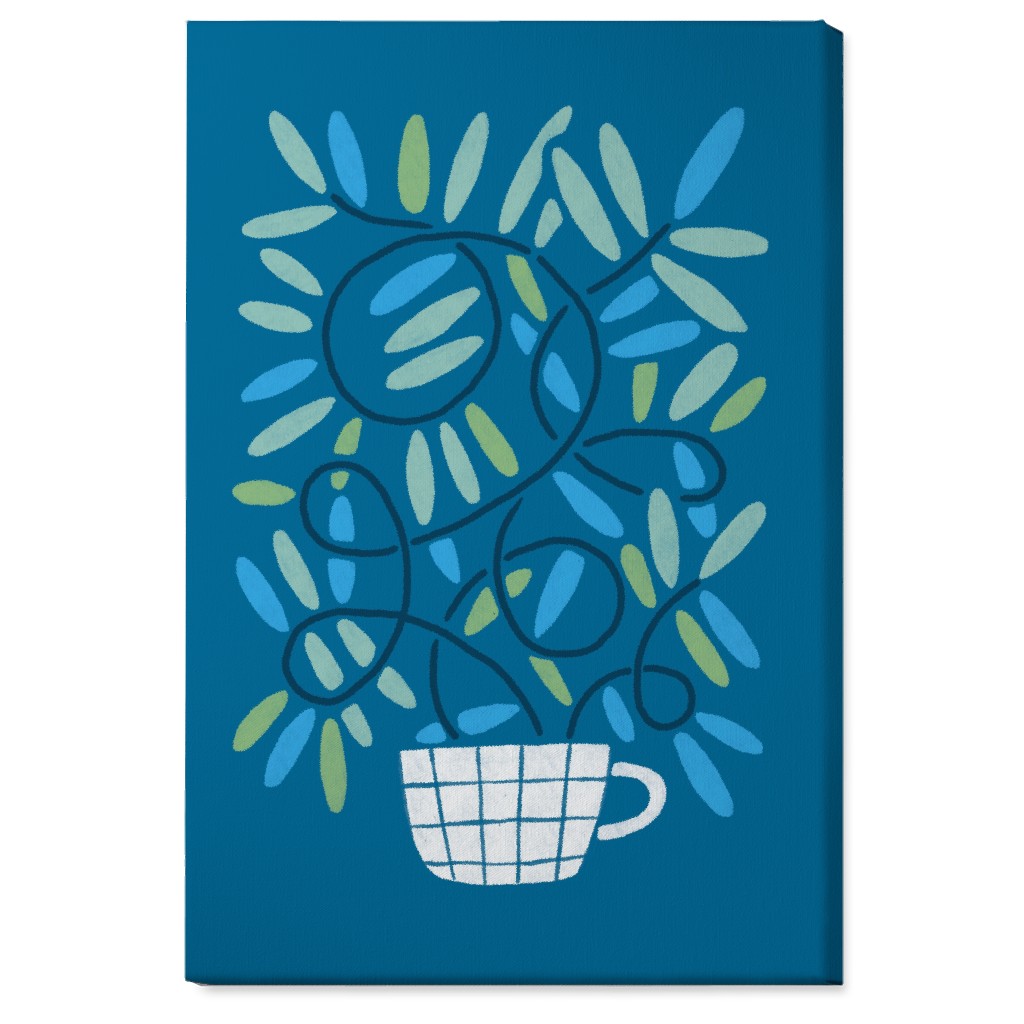 Cup and Plants Wall Art, No Frame, Single piece, Canvas, 24x36, Blue, Blue Lagoon