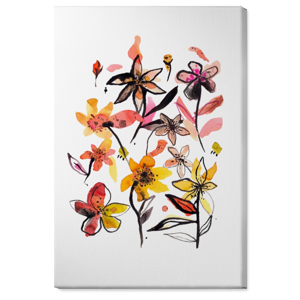 Ink Summer Floral - Pink and Yellow Wall Art, No Frame, Single piece, Canvas, 24x36, Pink