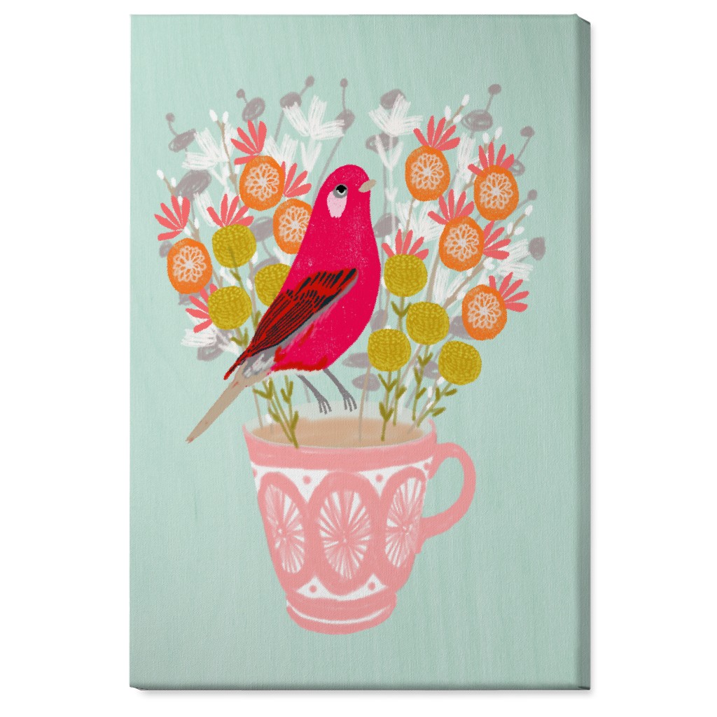 Red Bird on Teacup Bouquet Wall Art, No Frame, Single piece, Canvas, 24x36, Multicolor