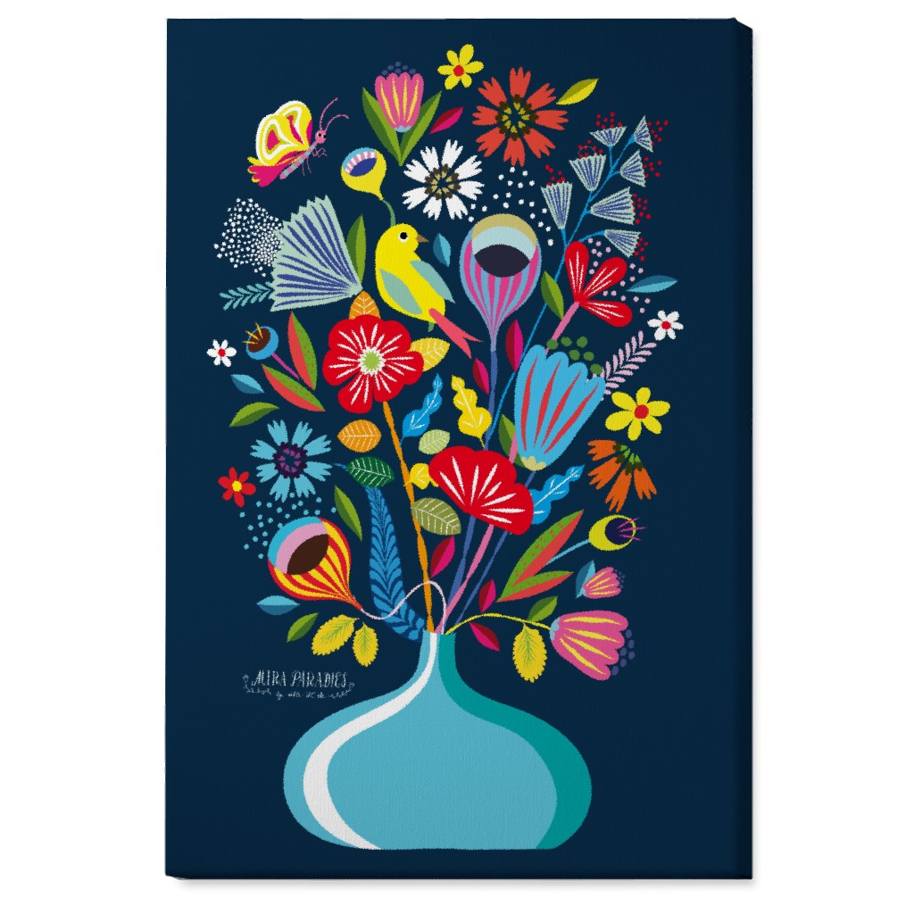 Folk Art Bouquet - Multi on Navy Wall Art, No Frame, Single piece, Canvas, 24x36, Multicolor