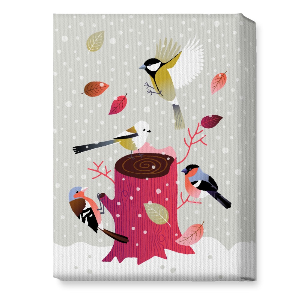 Winter Birds on Tree Stump - Red & Gray Wall Art, No Frame, Single piece, Canvas, 10x14, Multicolor