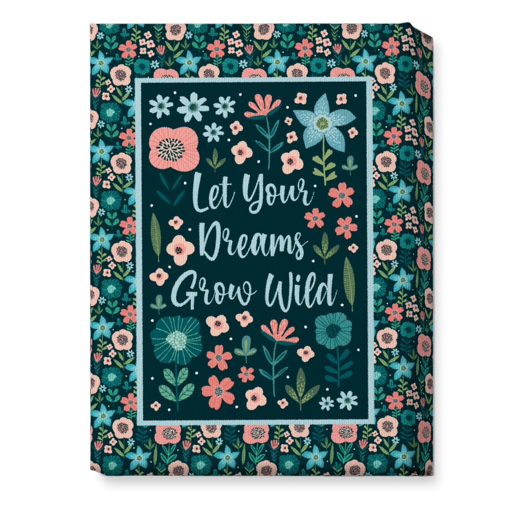 Let Your Dreams Grow Wild - Florals in Coral, Aqua & Turquoise on Navy Wall Art, No Frame, Single piece, Canvas, 10x14, Blue