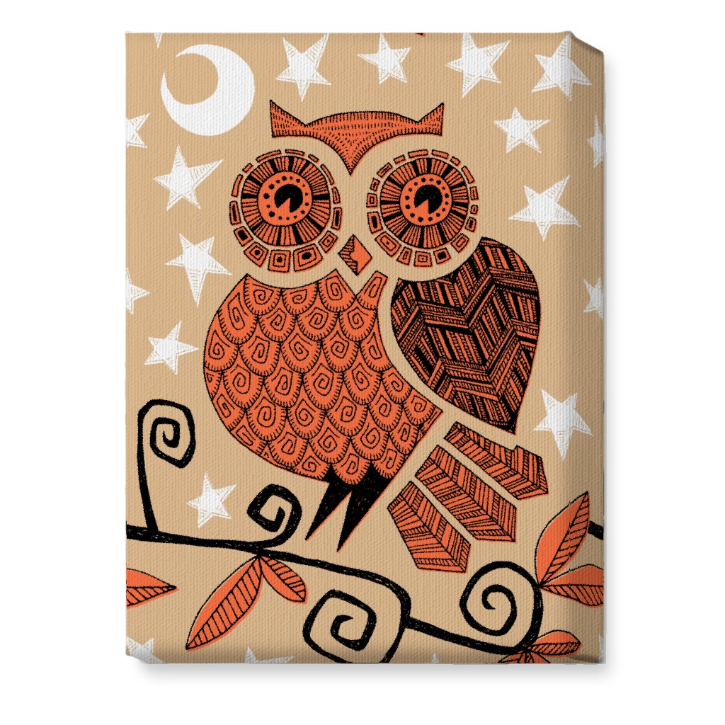 Owl Under the Moon - Orange & Brown Wall Art, No Frame, Single piece, Canvas, 10x14, Orange, Orange