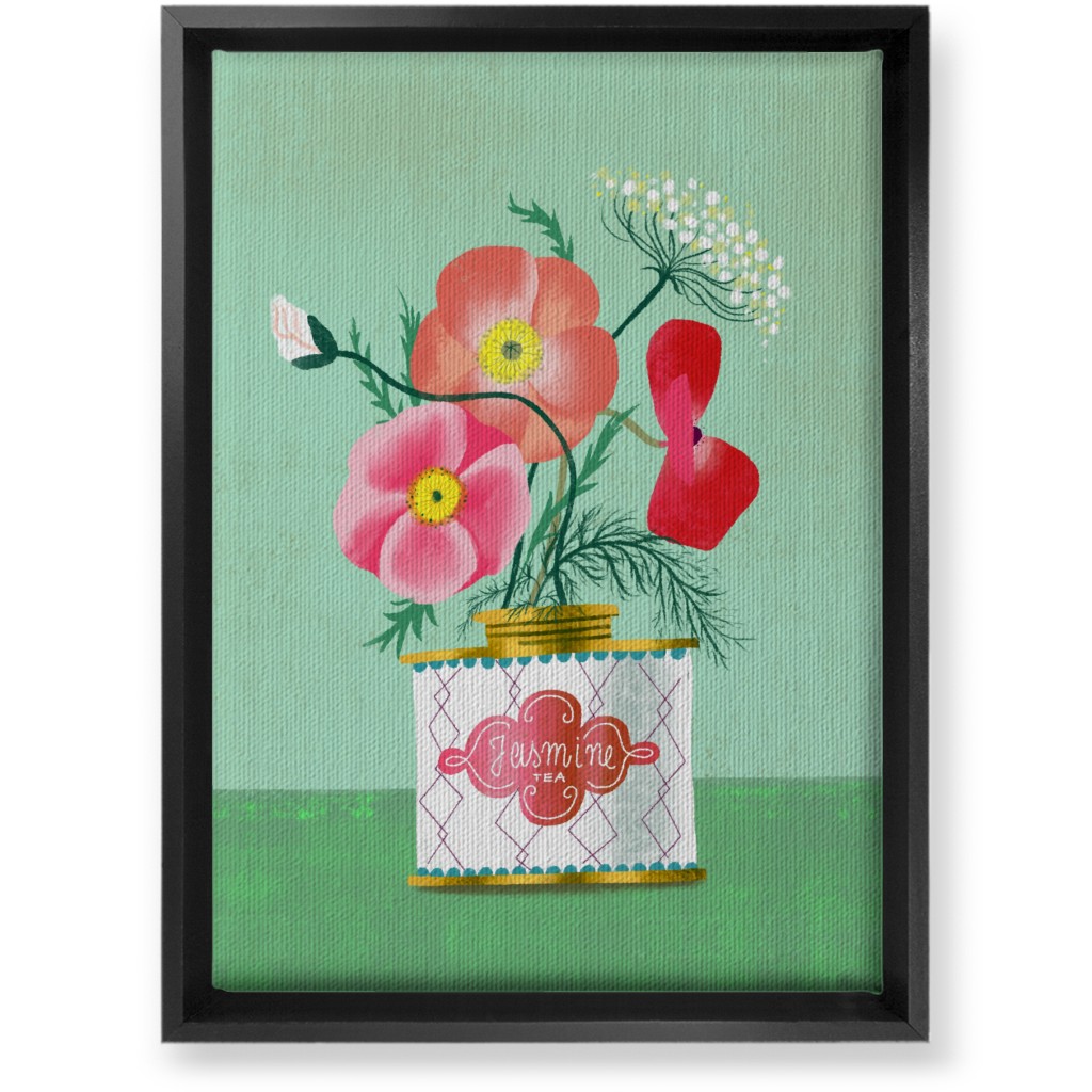 Poppies in Jasmine Tea Tin Wall Art, Black, Single piece, Canvas, 10x14, Green, Classic Green