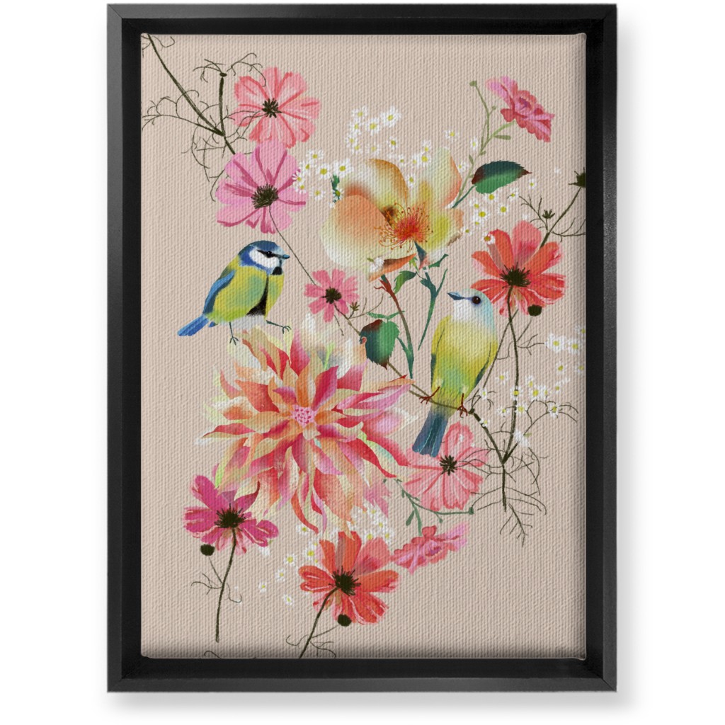 Birds With Dahlias and Cosmea Wall Art, Black, Single piece, Canvas, 10x14, Pink