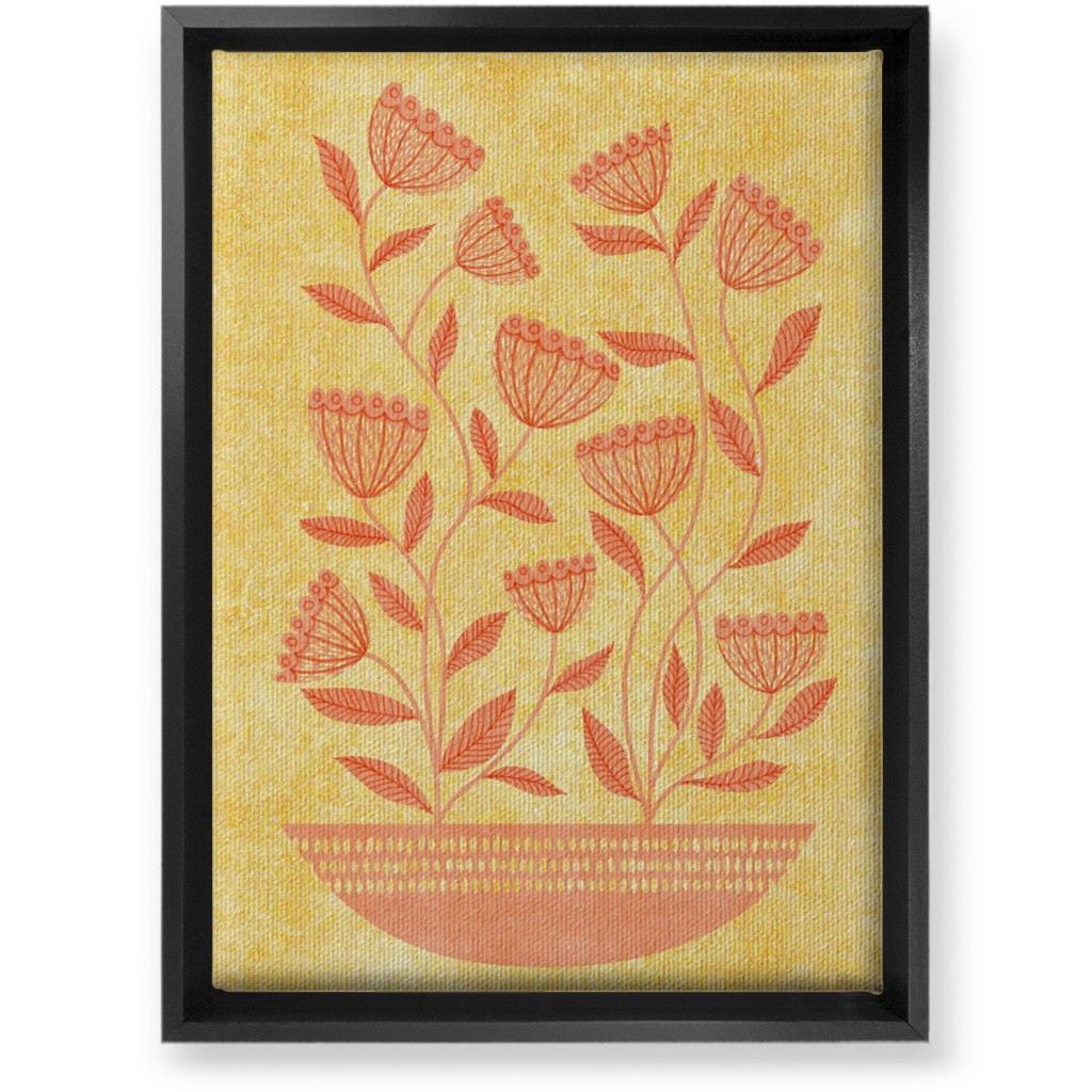 Mid Century Modern Orange Floral on Yellow Wall Art, Black, Single piece, Canvas, 10x14, Orange
