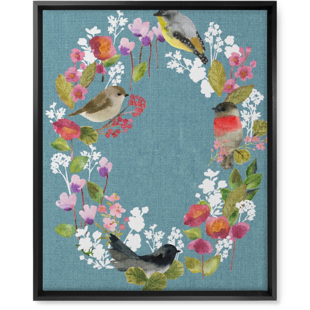 Winter Birds in the Garden Wreath - Blue Wall Art, Black, Single piece, Canvas, 16x20, Blue, True Blue