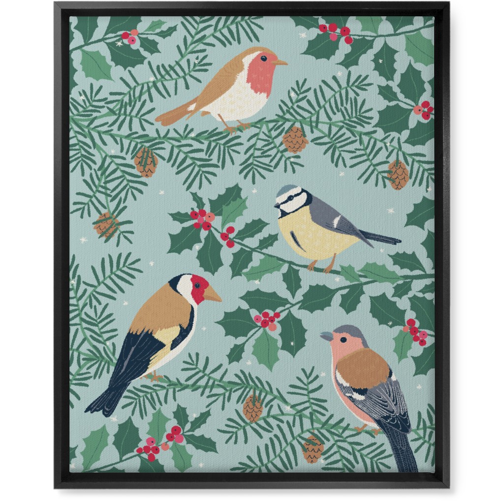Robin & Friends, Winter Garden Birds - Blue Wall Art, Black, Single piece, Canvas, 16x20, Blue, True Blue
