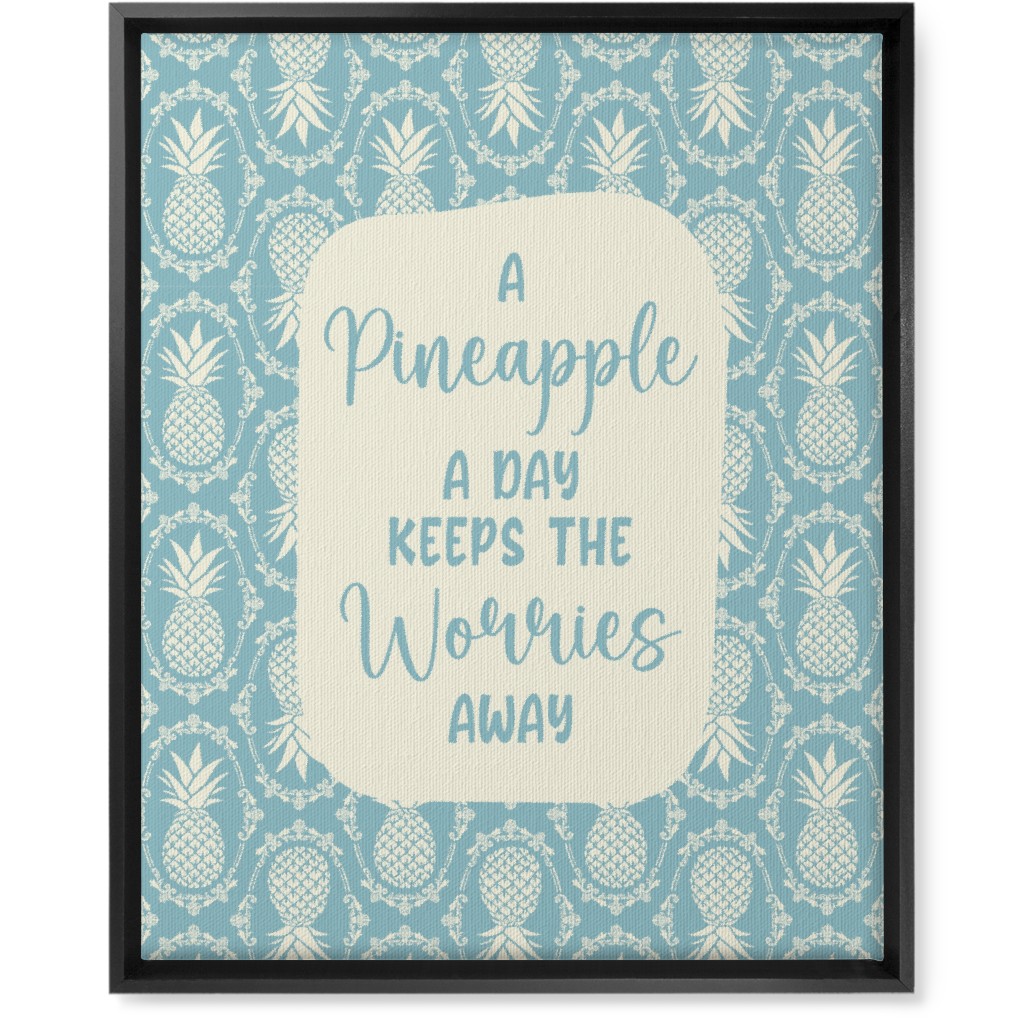 a Pineapple a Day Keeps the Worries Away Damask Wall Art, Black, Single piece, Canvas, 16x20, Blue, Celeste