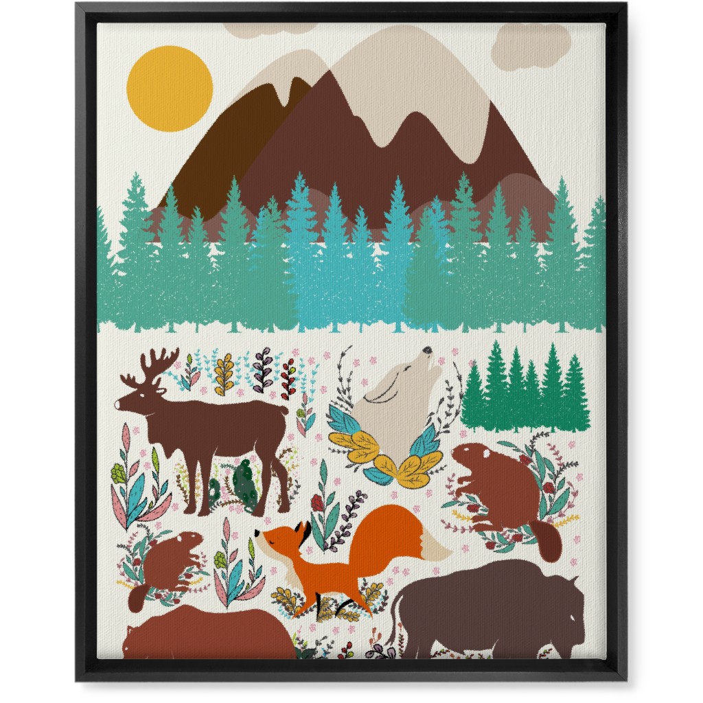 Wildlife Mountain Illustration Wall Art, Black, Single piece, Canvas, 16x20, Multicolor