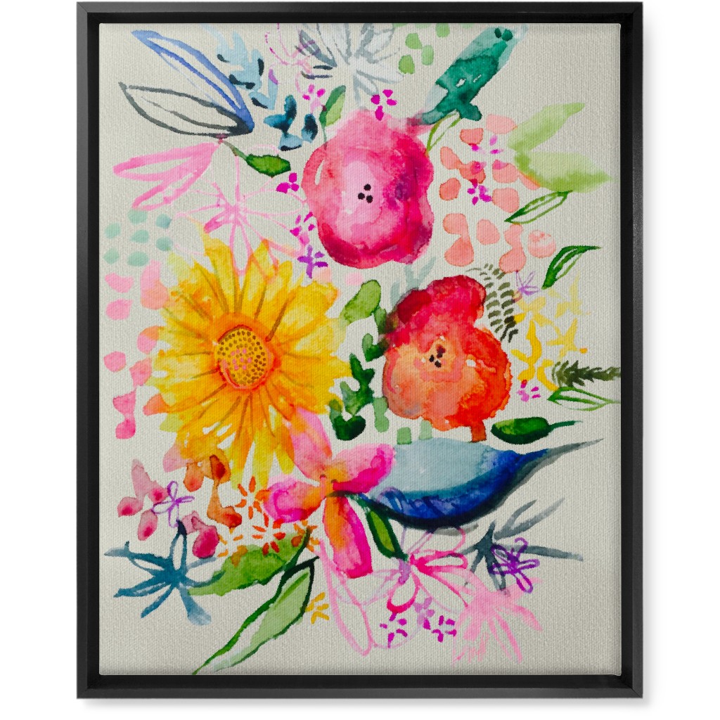 Summer Watercolor Floral Painting - Bright Wall Art, Black, Single piece, Canvas, 16x20, Multicolor