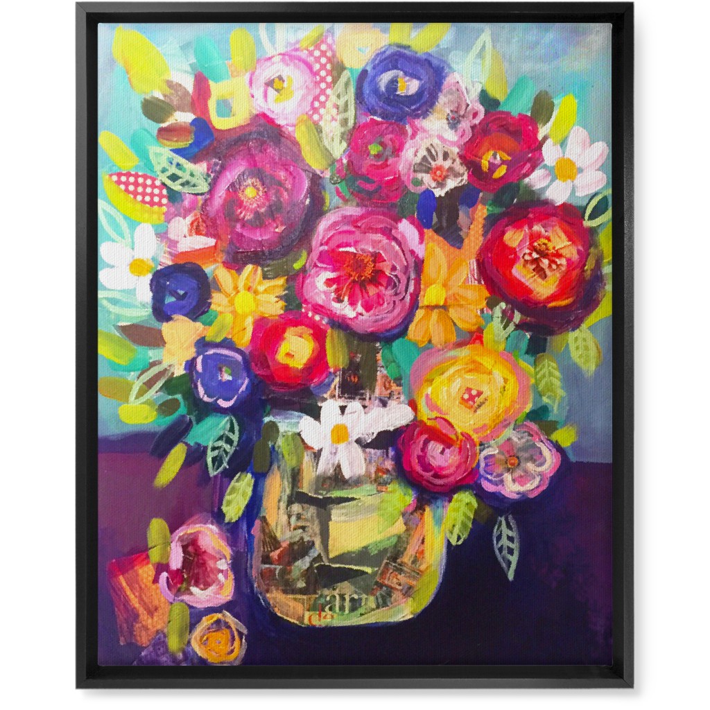 Acrylic Summer Floral Bouquet - Vibrant Wall Art, Black, Single piece, Canvas, 16x20, Multicolor
