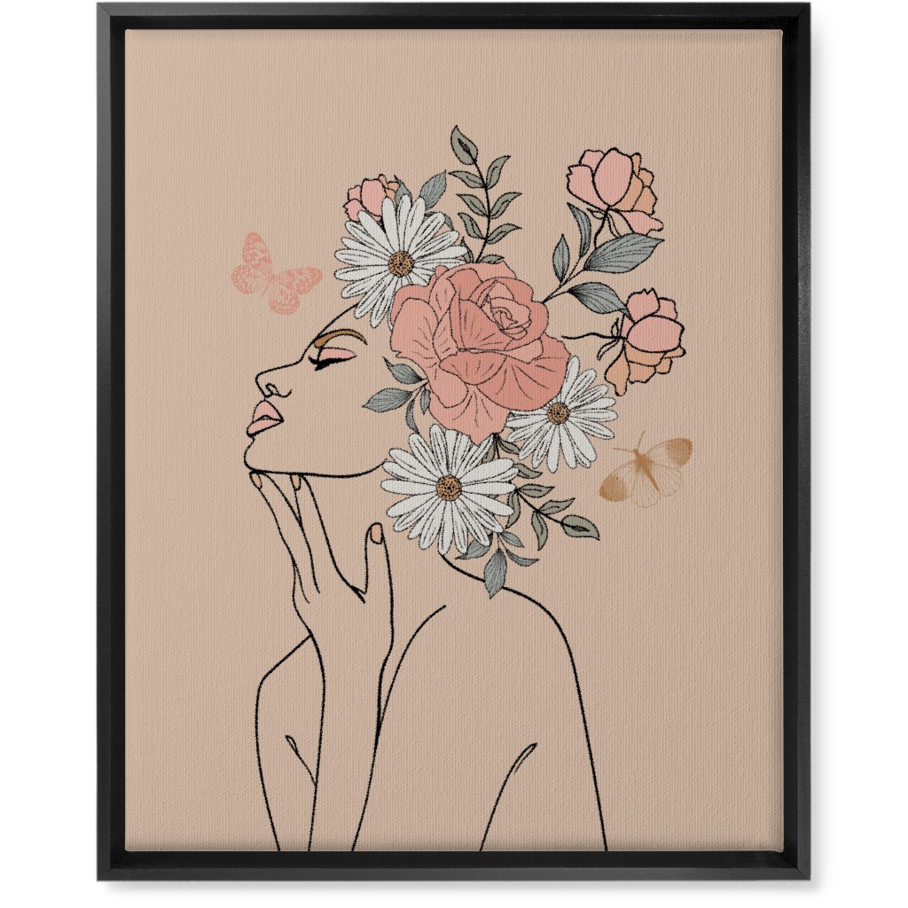 Feminine Line Art Botanical Sketch - Neutral Wall Art, Black, Single piece, Canvas, 16x20, Beige