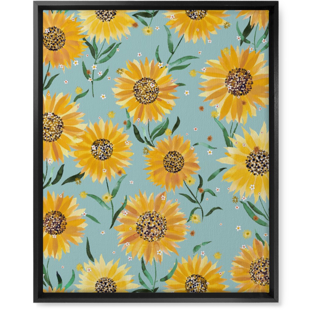 Happy Sunflowers - Yellow on Green Wall Art, Black, Single piece, Canvas, 16x20, Yellow