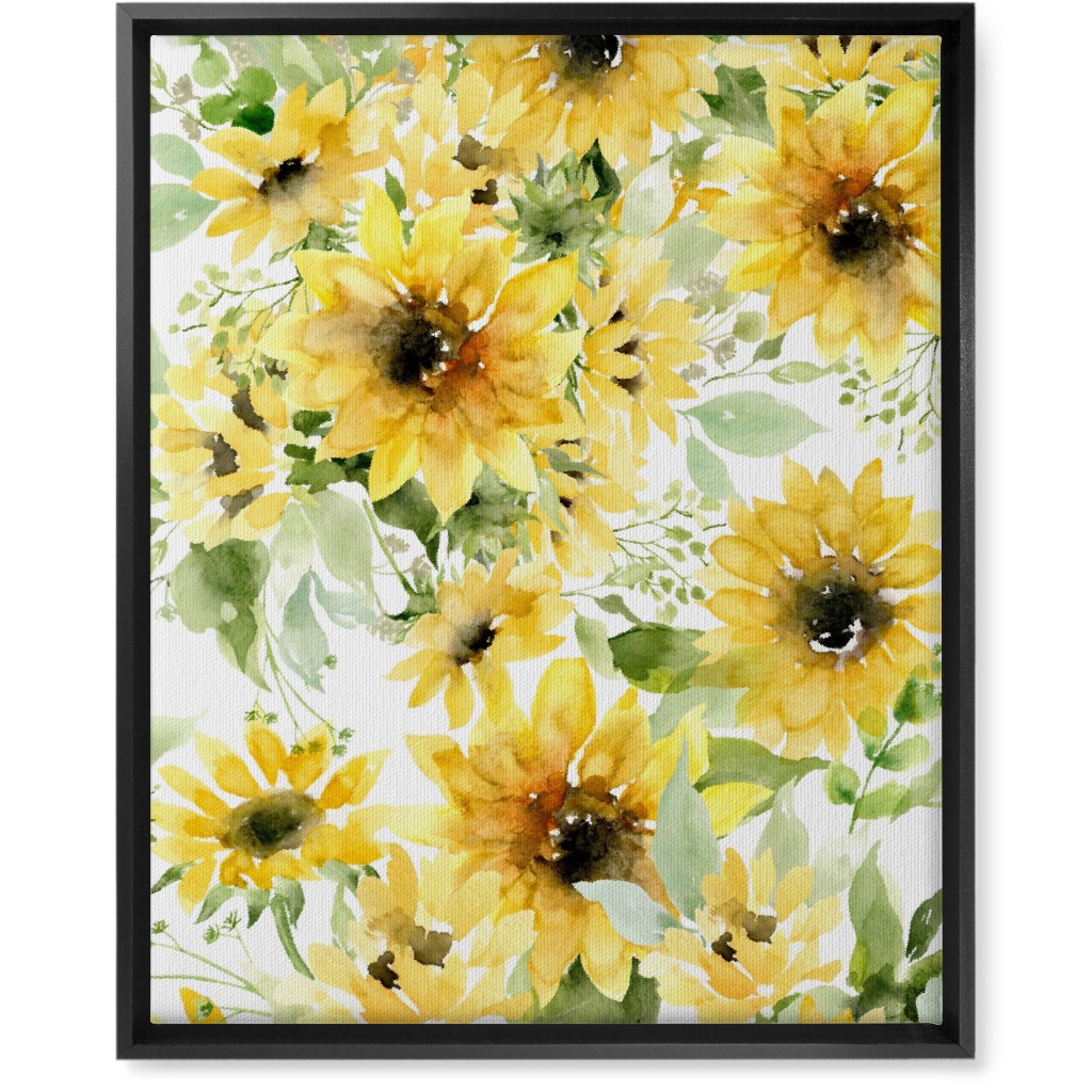 Field of Sunflowers Watercolor - Yellow Wall Art, Black, Single piece, Canvas, 16x20, Yellow