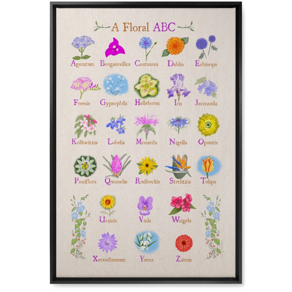 Floral Abcs - Multi on Pink Wall Art, Black, Single piece, Canvas, 20x30, Multicolor