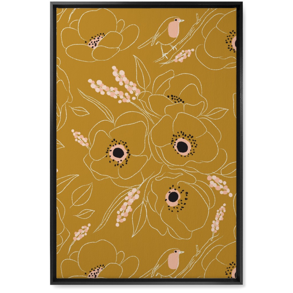 Freehand Robin & Winter Blooms - Gold Wall Art, Black, Single piece, Canvas, 20x30, Yellow
